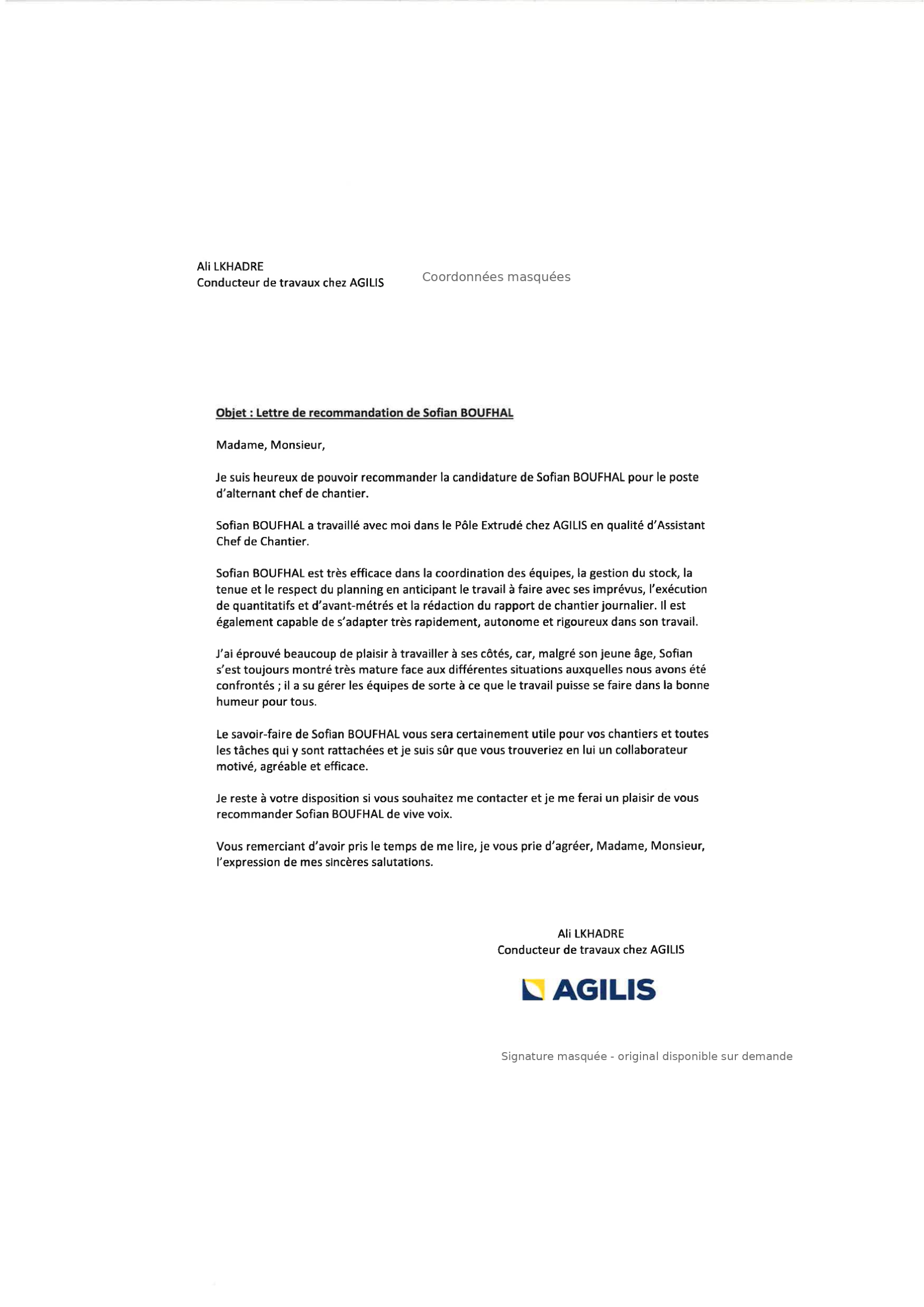Lettre de recommandation AGILIS, coordonnées et signature masquées